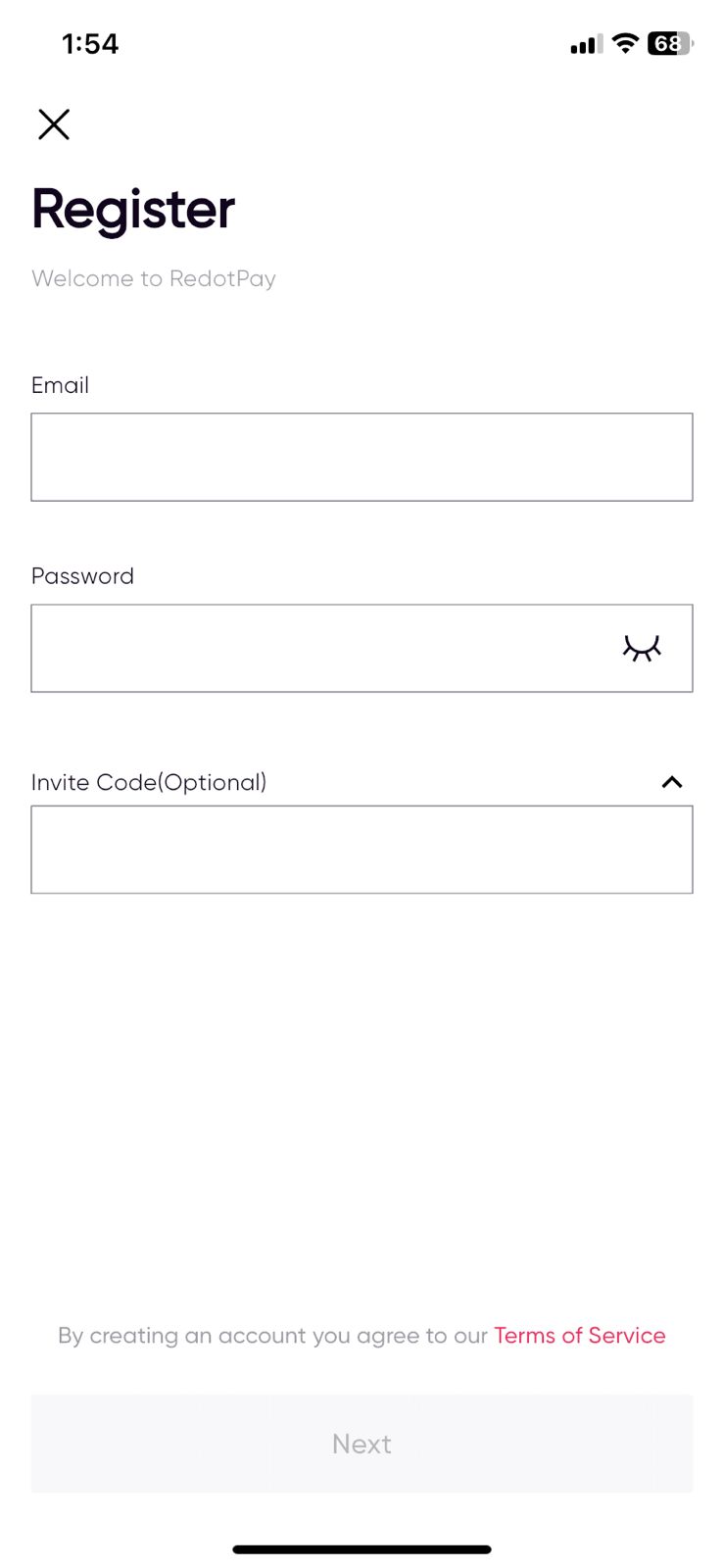 Step 2 for registering at Redotpay