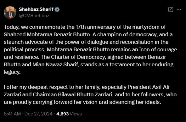 PM Shehbaz message on Shaheed Benazir Bhutto on @X