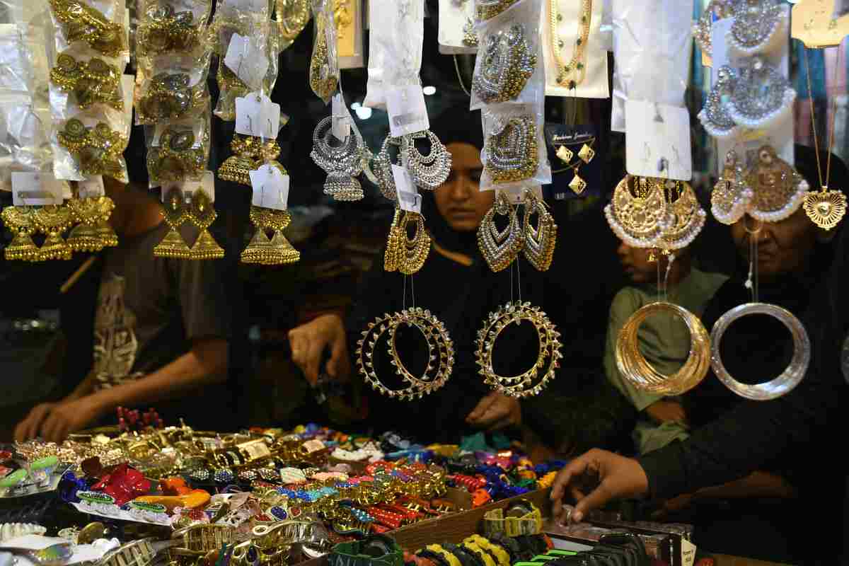 Artificial jewelry is displayed at a shop in Karachi, Pakistan