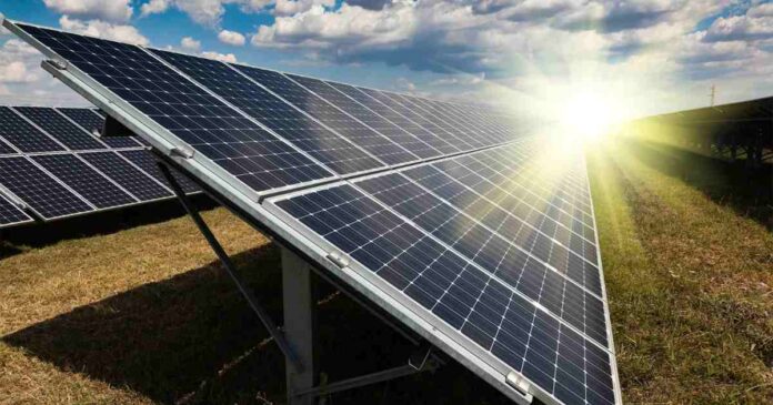 An array of solar panels convert sunlight to electricity.